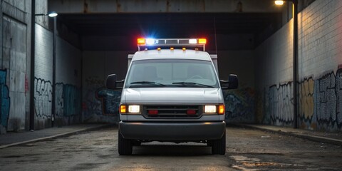 Fototapeta premium Gas Leak Ambulance parked in a dimly lit urban tunnel with emergency lights activated.