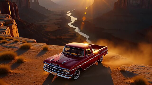 Classic red pickup truck parked on a scenic canyon edge during a golden sunset, zooming out to reveal a vast desert landscape symbolizing travel and freedom