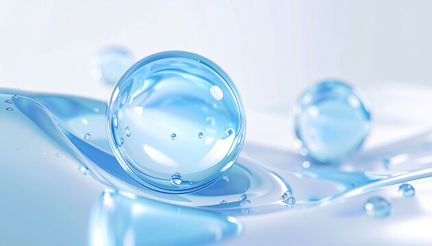 青い水滴が輝く保湿美容液の3Dイメージ。ヒアルロン酸やNMFなどのスキンケア成分訴求に最適。
Shining blue water drops symbolizing moisturizing serum, ideal for skincare ingredients like hyaluronic acid or NMF.
