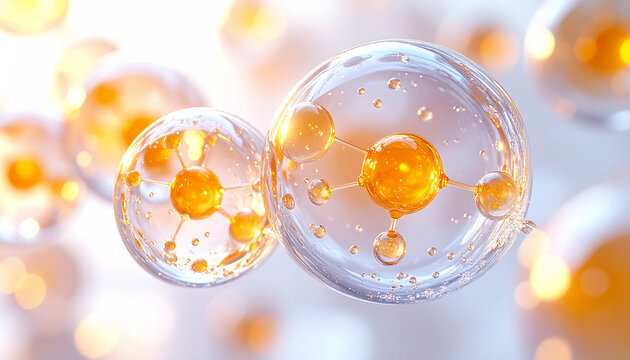 オレンジの光を帯びた美容分子構造の3Dイメージ。ビタミンCやレチノールなどの美容成分訴求に最適。
3D rendering of glowing orange molecular structures symbolizing beauty ingredients such as vitamin C and retinol. - Powered by Adobe