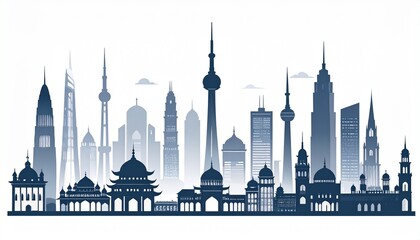 Obraz premium Silhouette of a world famous city skyline with various landmarks and skyscrapers