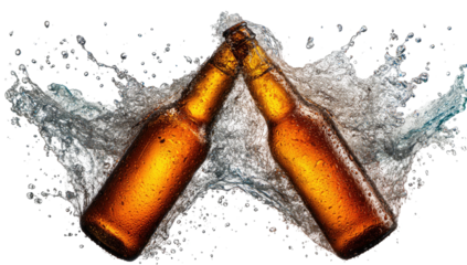 Two amber bottles of beer clink mid-air with water splash against a stark black background