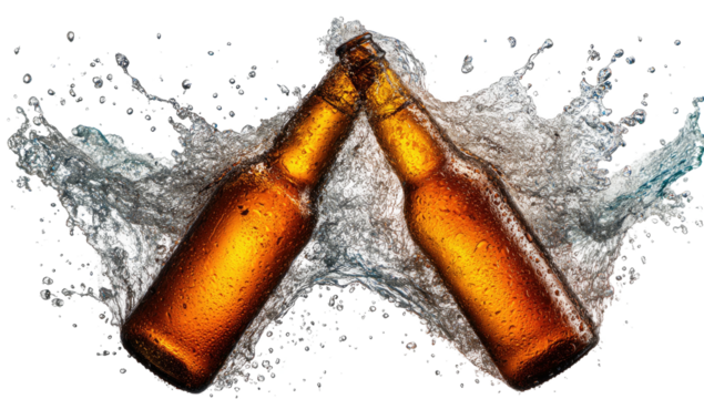 Two amber bottles of beer clink mid-air with water splash against a stark black background