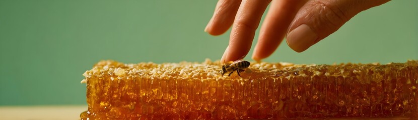 Honeycomb close-up with a bee crawling on the golden surface while a human hand gently touches the comb. Warm lighting highlights the texture and natural sweetness in a clean, minimal setting.