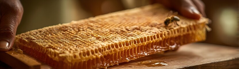 Honeycomb close-up with a bee crawling on the golden surface while a human hand gently touches the comb. Warm lighting highlights the texture and natural sweetness in a clean, minimal setting.
