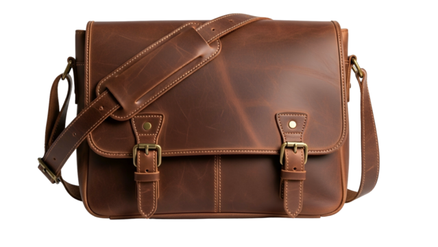 Close-up of a brown, leather satchel with metal buckles and a shoulder strap, isolated