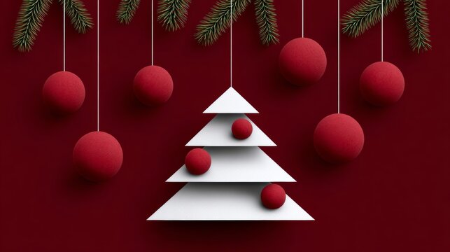 Minimalist white Christmas tree design with red ornaments and green pine branches, creating a festive atmosphere for holiday celebrations and seasonal decor inspiration - Powered by Adobe