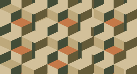Obraz premium Geometric pattern with isometric cubes in shades of beige, brown, green, and orange.
