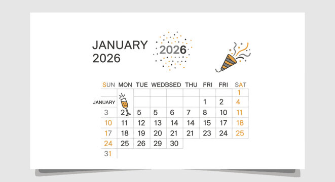 January 2026 calendar page with festive New Year's Eve illustrations.
