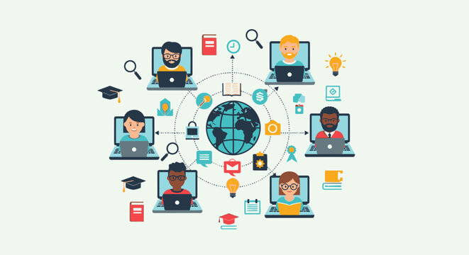 Diverse group of people connected globally through laptops, symbolizing online collaboration and digital communication.