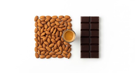 Fototapeta premium Overhead View of Dark Chocolate Bar, Espresso Shot, and Almonds on White Background