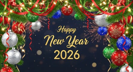 Festive new year 2026 celebration with sparkling christmas tree ornaments twinkling lights and red ribbons creating a joyful holiday atmosphere for greetings and invitations