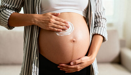 Pregnant woman applying moisturizing cream to her belly, showcasing self-care and nurturing, with a cozy indoor setting enhancing the warmth of motherhood