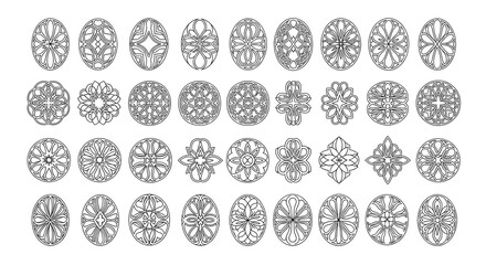 Collection of intricate oval designs in black and white for creative projects