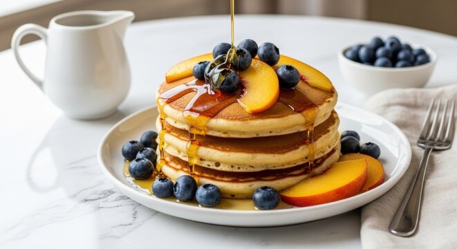Stack of fluffy pancakes topped with fresh blueberries and peach slices, drizzled with syrup, served on a white plate with a side of cream and a fork, perfect for breakfast or brunch - Powered by Adobe