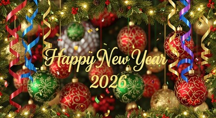 Festive happy new year 2026 greeting card with sparkling christmas ornaments twinkling lights and colorful streamers creating a celebratory and joyful holiday atmosphere