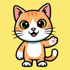 Obraz premium A cute and cheerful orange tabby cat cartoon character waving a friendly greeting. Adorable ginger kitten mascot illustration with a happy expression on a yellow background