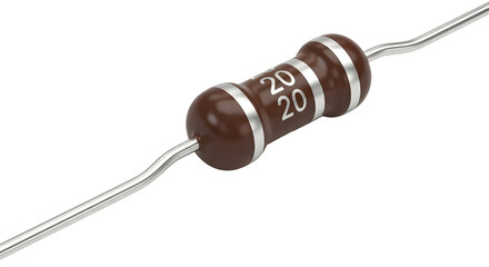 Electronic Component Product Shot. Isolated Brown Axial Resistor with Text "20 20" on White Background