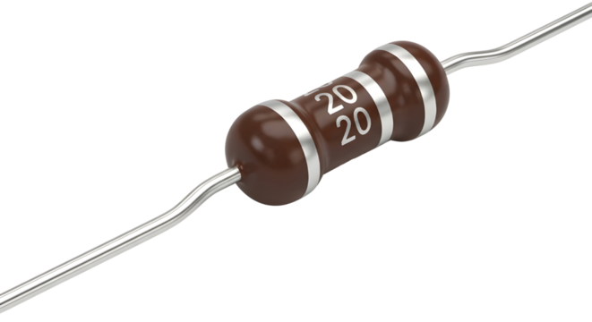 Electronic Component Product Shot. Isolated Brown Axial Resistor with Text "20 20" on White Background