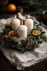 Three Advent Candles Lit in a Festive Wreath with Pine Branches and Cinnamon. AI generative.