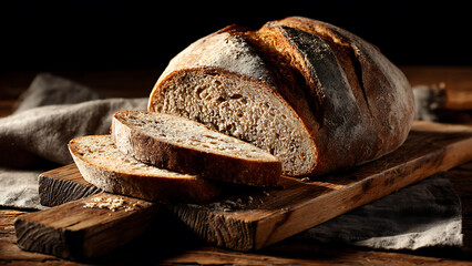 Rustic Sliced Artisan Bread Loaf Bathed in Warm Light on a Wooden Board