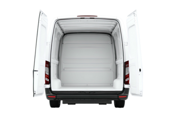 A white cargo van's open back doors, showcasing the empty interior against a dark background