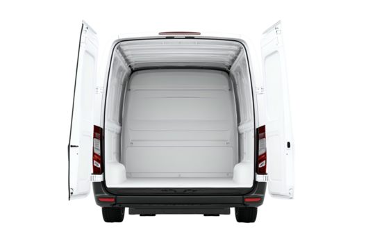 A white cargo van's open back doors, showcasing the empty interior against a dark background