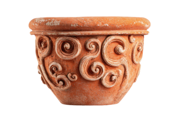 A weathered, terracotta-colored plant pot with raised, swirling, off-white decorative elements