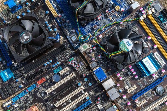 Motherboards with AMD processors top view.The intel processor.