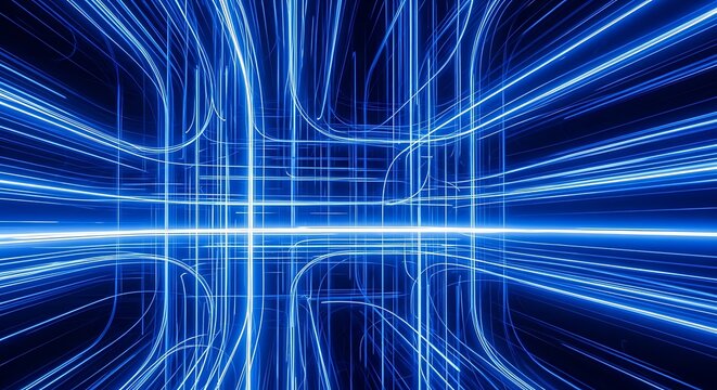 Abstract glowing blue lines forming perspective grid against dark background