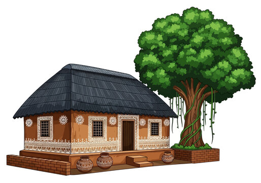 Traditional Indian Village House Vector | Cultural Warli Folk Art Hut Illustration