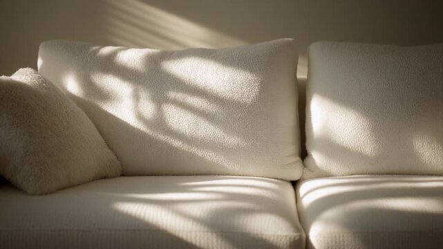 Cream-Colored Couch with Cushions in Natural Light and Shadow Patterns from Window Blinds