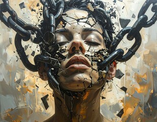 Conceptual artwork depicting a woman breaking free from chains and mental shackles