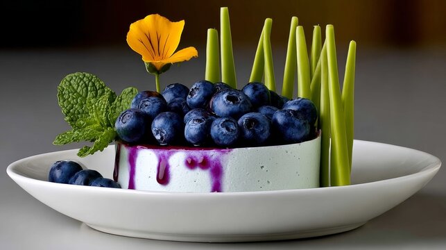 Delicious dessert featuring creamy cheesecake topped with fresh blueberries, vibrant green herbs, and a bright edible flower, elegantly presented on a white plate with artistic flair and visual appeal