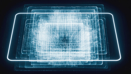 Digital Blueprint: Abstract, futuristic digital visualization, illustrating technological advancement and data processing, with layers of glowing geometric shapes.