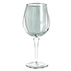 An empty clean glass for wine or other drink. Transparent tableware for a drink. Glassware clipart. Hand drawn watercolor illustration for drink-themed design, posters, scrapbooking, packaging, menu