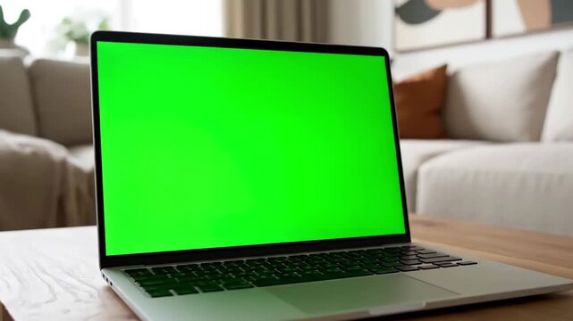 Close-up of Laptop Screen with Bright Green Chroma Key young adult analyzing display in living room using mockup template isolated copy space and blank chrma background on computer remote school