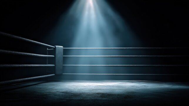 Illuminated Boxing Ring Corner with Ropes in Spotlight Beam Against Dark Background Stage for Competition and Combat Sports Arena