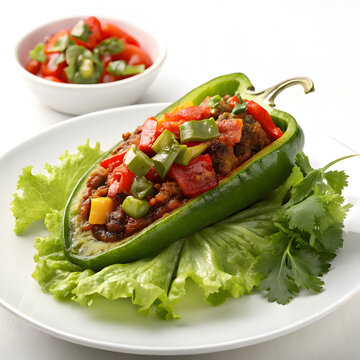 chile morron con lechuga en la base con fond blan