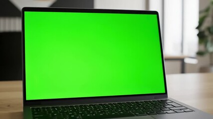 Green Screen Display with 4k a laptop computer key set on work office table dolly in distortion, overlay, glitch, static noise, scan lines black background, animated video loop