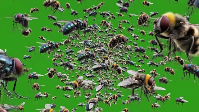 Seamless Looping Animation with 3d of swarm flying flies on green screen background a lot mosquitoes bees insects for compositing over your footage loop distortion, overlay, glitch, static noise, scan