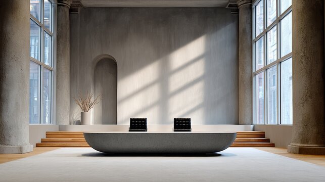 Modern minimalist office interior featuring a sleek oval table with two black chairs, large windows allowing natural light, and a serene atmosphere for professional meetings and collaboration