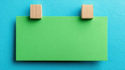 Minimalist green card mockup with wooden clips against vibrant blue background for message or advertising