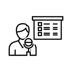 Line icon of a person speaking into a microphone in front of a presentation board with checklist isolated on