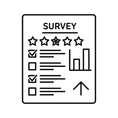 Black and white line art icon representing a customer satisfaction survey form with star rating, checklist, and bar chart