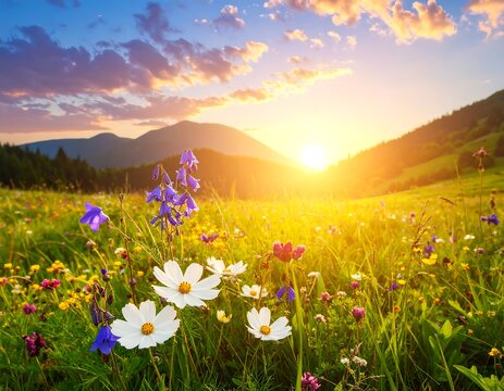 Sunrise over lush wildflower meadow, mountain backdrop
