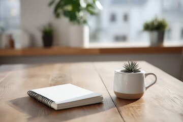 Wooden Table with Book and Succulent in a White Mug Near Window with Natural Light and Blurred Background with Green Plant and White House in Interior Room