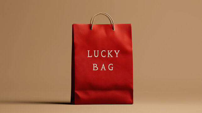 新年1月の冬に撮る福袋写真、赤色紙袋のショッピングバッグ買い物袋LUCKY BAG