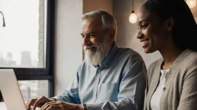 Medium close-up of a smiling elderly Caucasian man with a grey beard and a young African American woman collaborating on a laptop near a window with warm hanging lights
