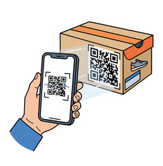 Hand Scanning QR Code on Shoe Box Vector Illustration